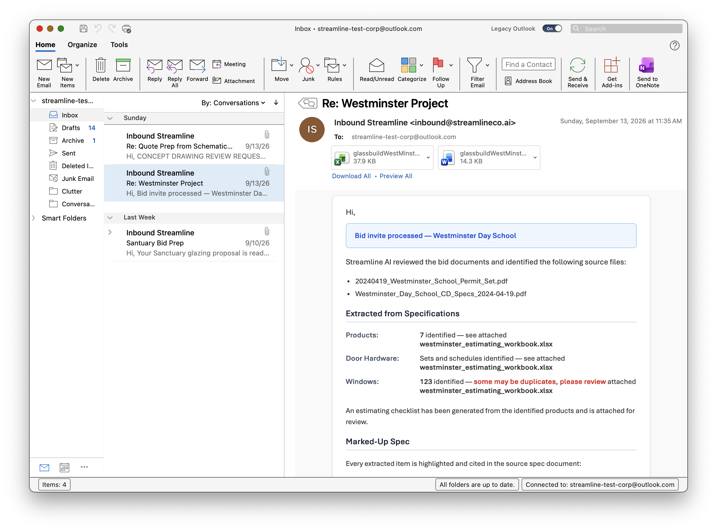 Reply email from Streamline listing what was found in the plans and specs