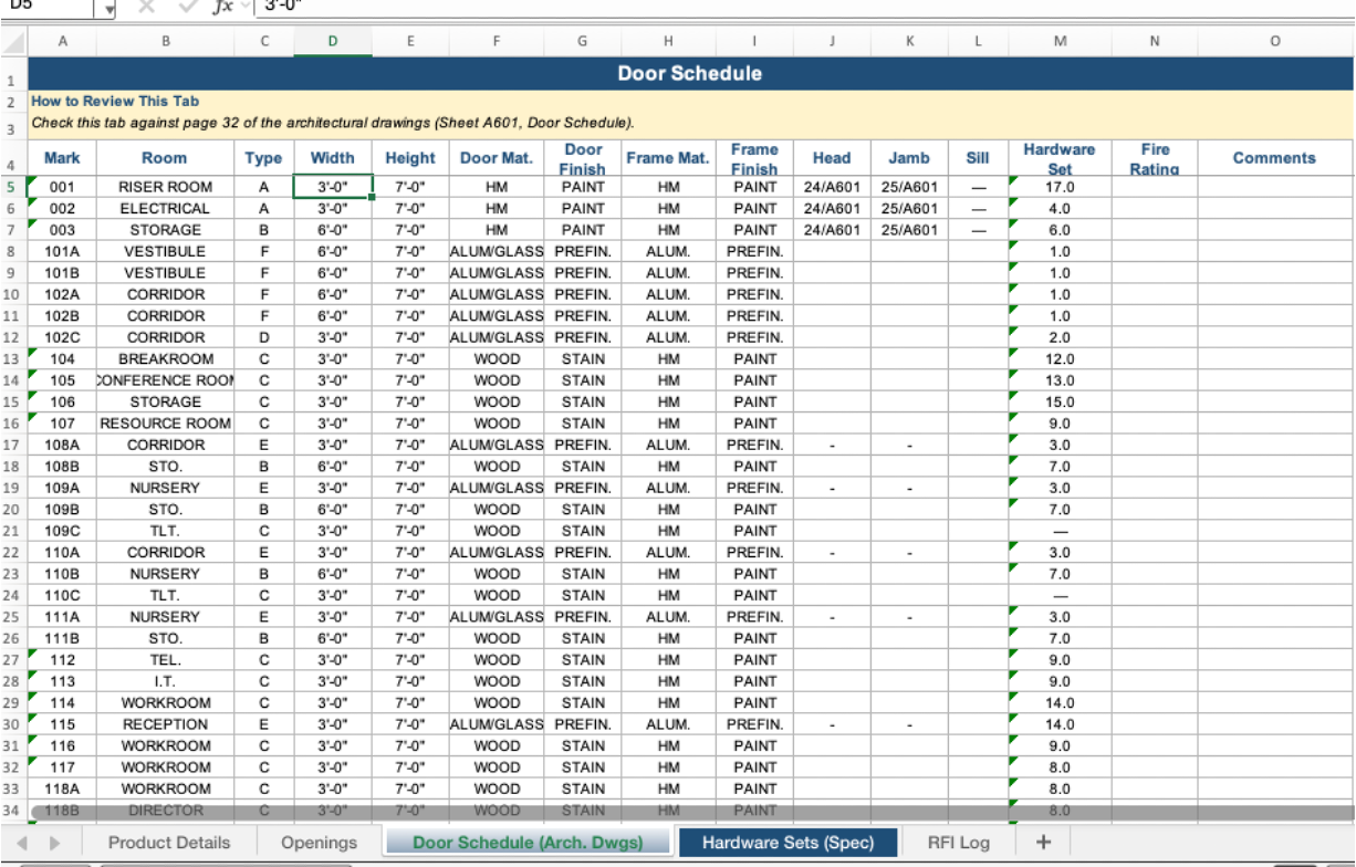 Estimating workbook in Excel